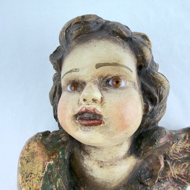 French Vintage Hand Painted Plaster Winged Putti With Glass Eyes For Sale - Image 3 of 11