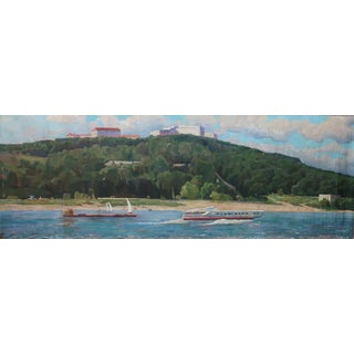 River Painting Landscape Antique Oil Painting Original Soviet Art Ukrainian Artist Unknown 107-298 1970s For Sale