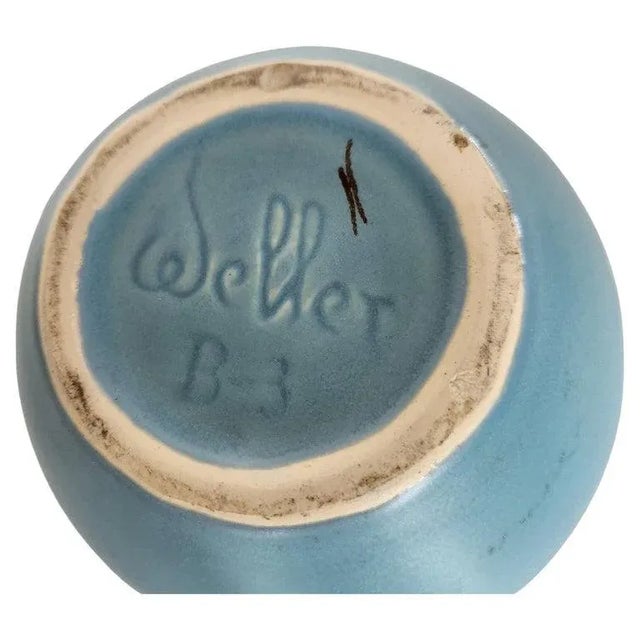 AMBIANIC presents Weller Pottery Blue Art Vase flower motif maker stamped 6h x 5.25 diameter Preowned original vintage...