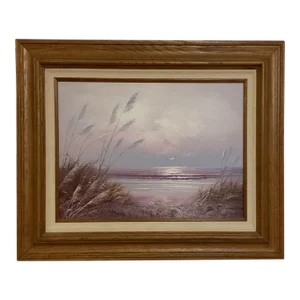 Late 20th Century Original Oil Painting, Seascape With Coastal View, Purple Tinted Beach Site With Seagulls Signed by B.Dresley, Framed