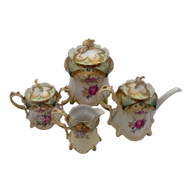 1900s R S Prussia Porcelain Tea Set – Roses, Turquoise Jewels & Heavy Gilt For Sale