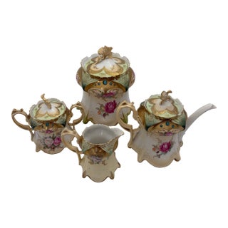 Antique r.s. Prussia Porcelain Tea Set – Roses, Turquoise Jewels & Heavy Gilt For Sale