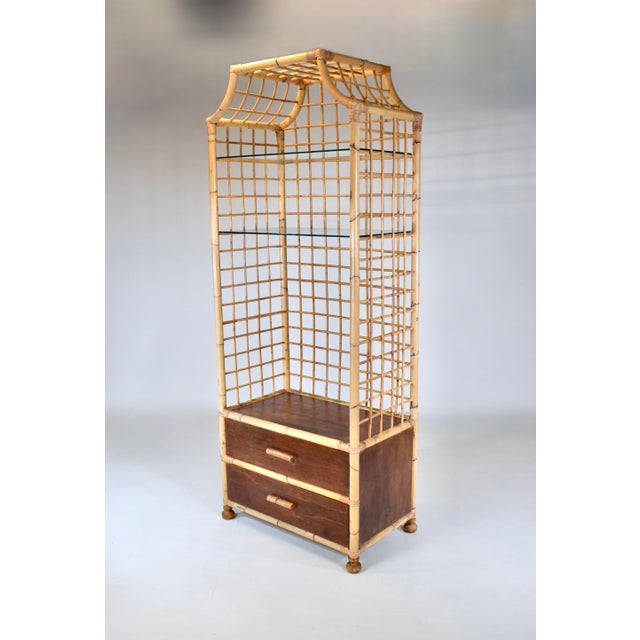 McGuire 1970's Vintage Coastal Pagoda Bamboo Etagere Bookcase With Glass Shelves and Drawers For Sale - Image 4 of 15