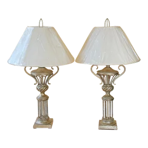 Berman Antiqued Metal Crackle Table Lamps With Shades - a Pair