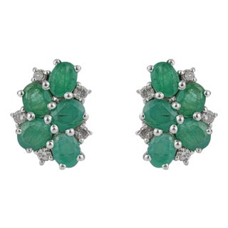 Vintage Inspired Emerald & Diamond Cluster Stud Earrings in 925 Silver, a Pair For Sale