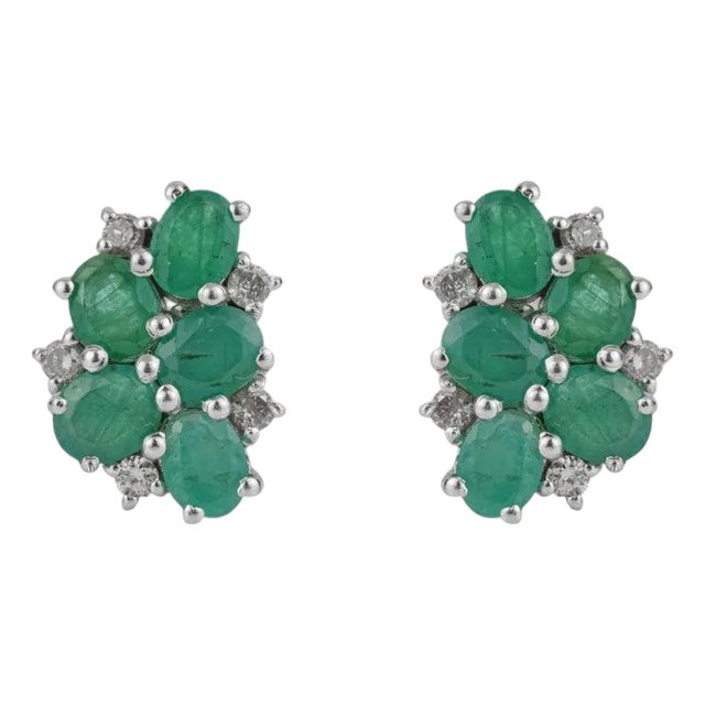 Vintage Inspired Emerald & Diamond Cluster Stud Earrings in 925 Silver, a Pair For Sale