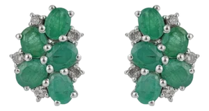 Vintage Inspired Emerald & Diamond Cluster Stud Earrings in 925 Silver, a Pair