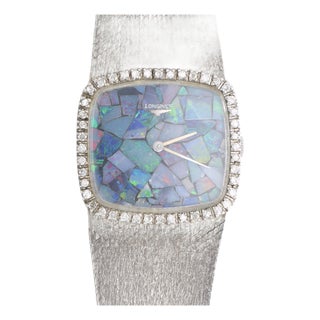Vintage Longines Opal Mosaic Dial 34mm Diamond Bezel 18k White Gold Watch For Sale