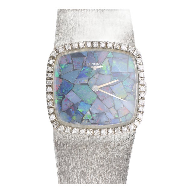 Vintage Longines Opal Mosaic Dial 34mm Diamond Bezel 18k White Gold Watch For Sale