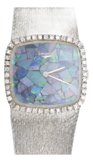 Vintage Longines Opal Mosaic Dial 34mm Diamond Bezel 18k White Gold Watch