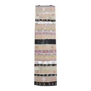 1970s Vintage Handmade Wool Cotton Beige Runner Rug For Sale