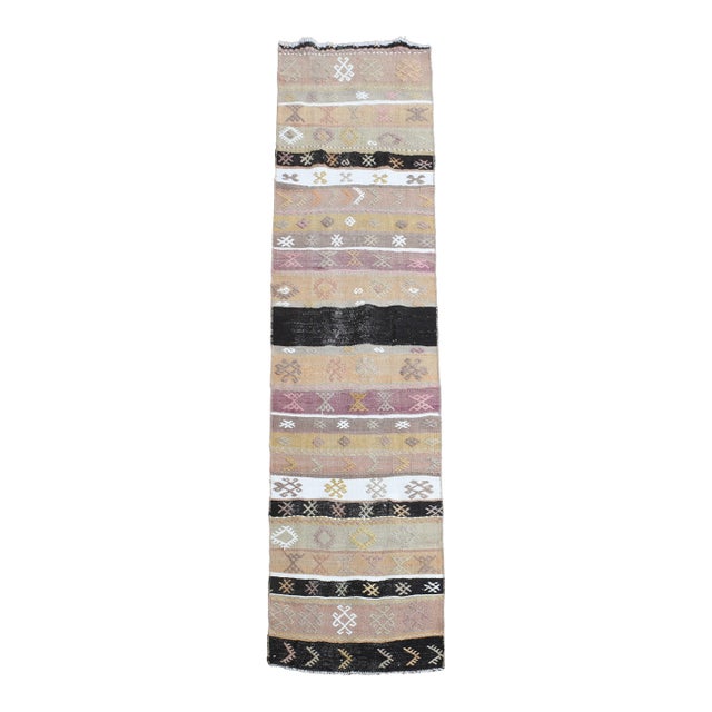 1970s Vintage Handmade Wool Cotton Beige Runner Rug For Sale
