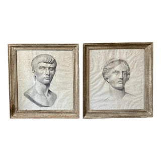 Framed Neoclassical Style Pencil Drawings in Distressed Silver Gilt, 1900, Set of 2 For Sale