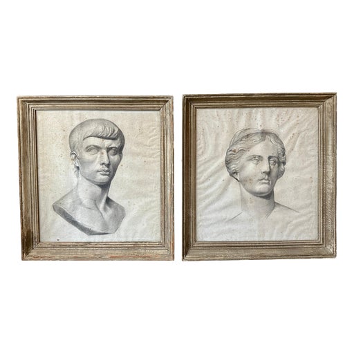 Framed Neoclassical Style Pencil Drawings in Distressed Silver Gilt, 1900, Set of 2 For Sale