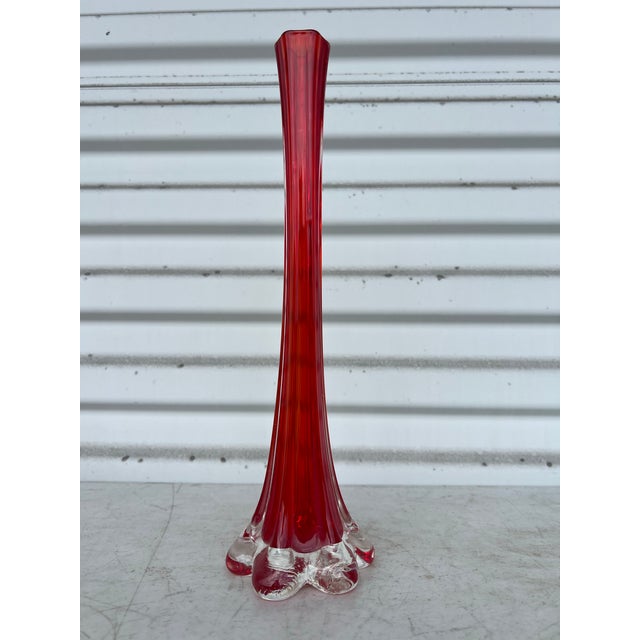 Glass Mid Century Tall Red Glass Bud Vase With Clear Elepant Foot For Sale - Image 7 of 8