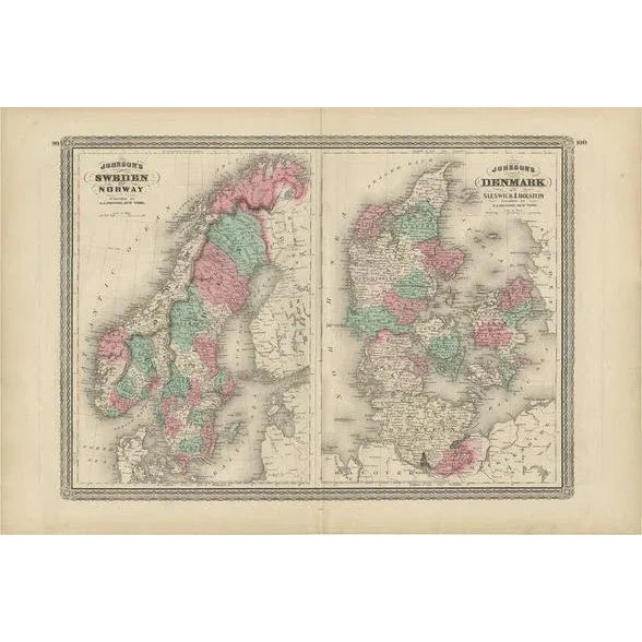 Antique Map of Sweden and Norway and Denmark by Johnson, 1872 For Sale - Image 6 of 6