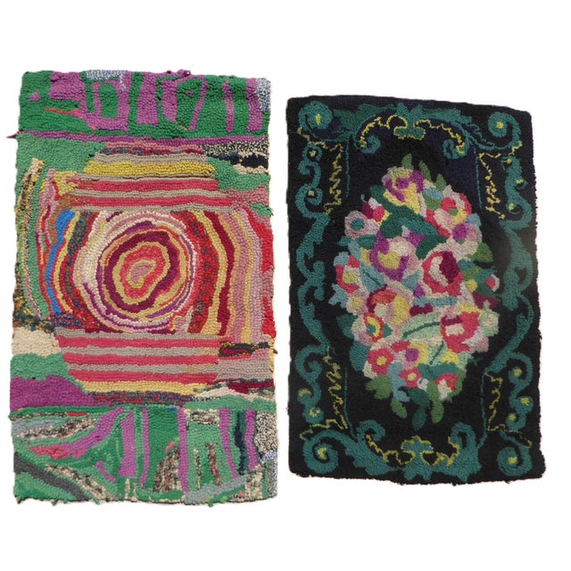 Vintage hand made in Lansing, Morgan County, Tennessee in the 1940s, a pair of country hooked textiles, one in a floral...