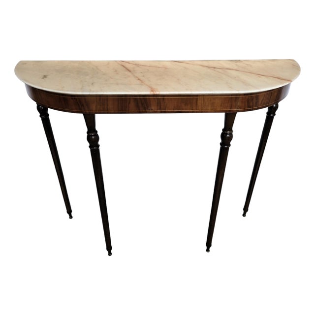 Mid-Century Italian Wooden Brass Console Table with Marble Top, 1950s For Sale