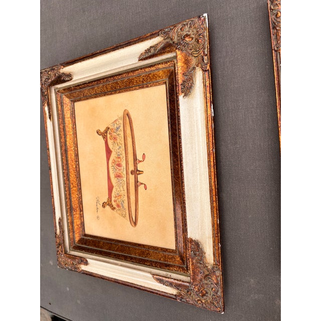 Pair of Vintage Consuelo Gamboa Bath Display Framed Canvas Prints in Ornate Antiqued Gold Frames| French Country Bathroom Wall Art For Sale - Image 11 of 12