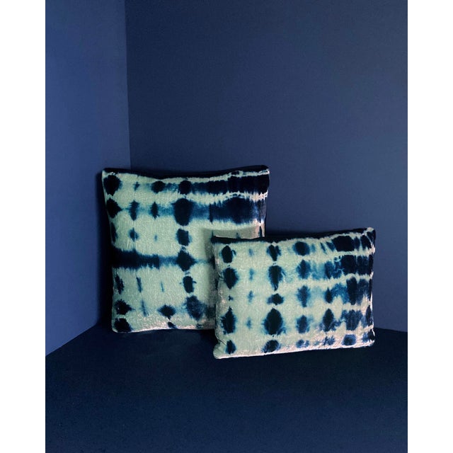Hand Dyed Silk Velvet Pillow, Jade Green & Indigo Blue Inkblot Abstract Pattern For Sale - Image 4 of 6