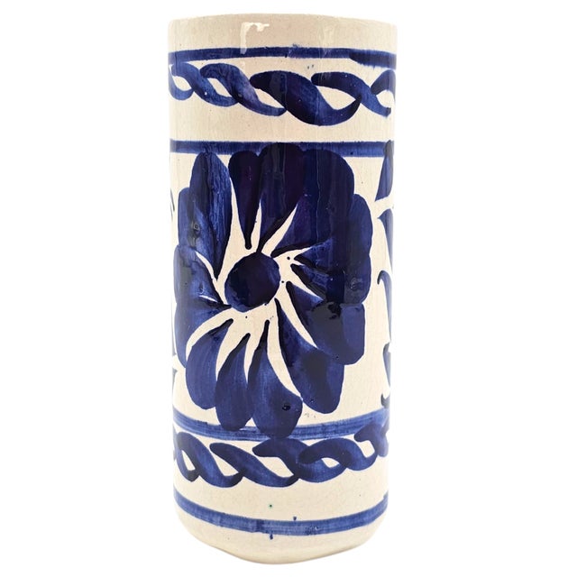 Set of Four Hand Painted Talavera Mexican Terra Cotta Tumblers, Blue and White For Sale - Image 4 of 10
