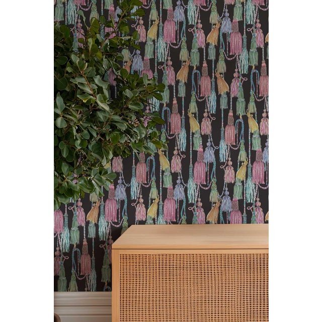 Not Yet Made - Made To Order Tassel Trellis Grasscloth Wallpaper by House Party | Black Lacquer | 6 Yards For Sale - Image 5 of 7