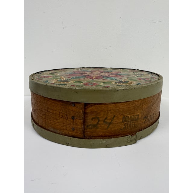 Vintage Hand-Painted Round Wooden Cheese Box – Floral Folk Art For Sale - Image 11 of 15