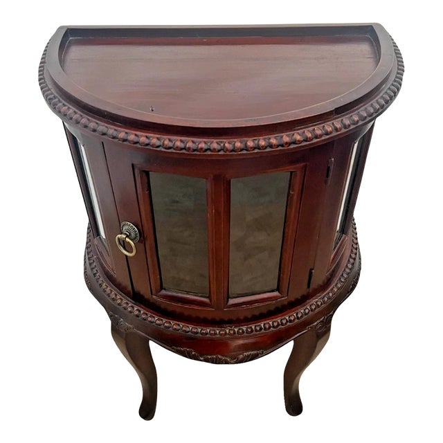 Late 20th Century China Cabinet Demilune Half Moon Shape Curio Display, Led Lighted, Beveled Glass For Sale