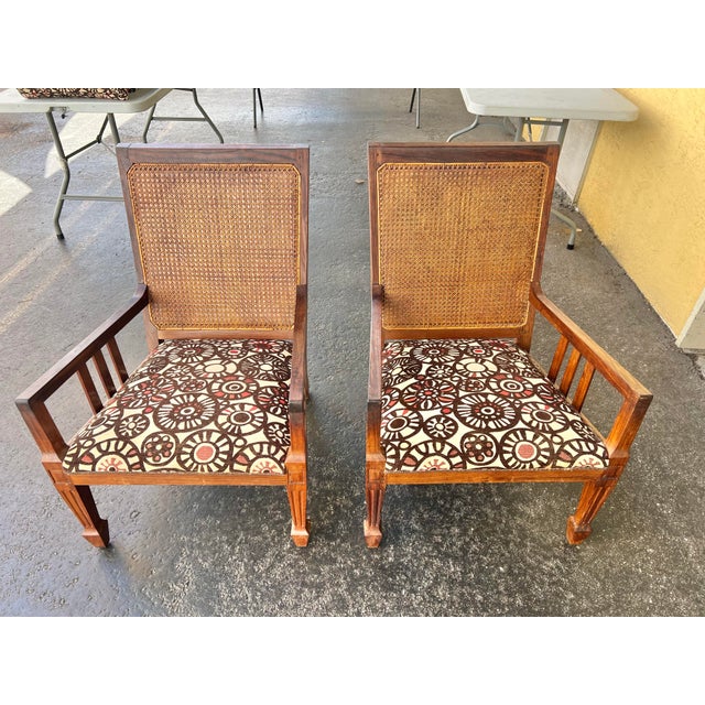 Vintage Colonial Mission Style Modern Upholstered Wood & Cane Back Chairs With Pillows - 6 For Sale In West Palm - Image 6 of 10
