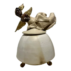 Contemporary Studio Art Pottery Fallen Angel Porcelain Lidded Gilded Jar
