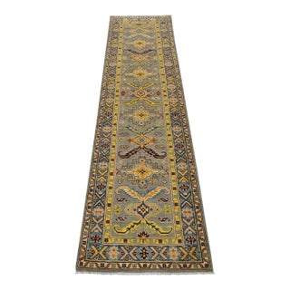 Kazak Runner 2’8” X 9”9” Gray Wool Tribal Hand-Knotted Oriental Rug For Sale