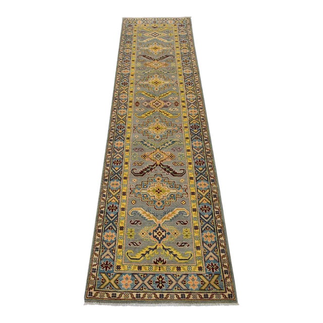 Kazak Runner 2’8” X 9”9” Gray Wool Tribal Hand-Knotted Oriental Rug For Sale