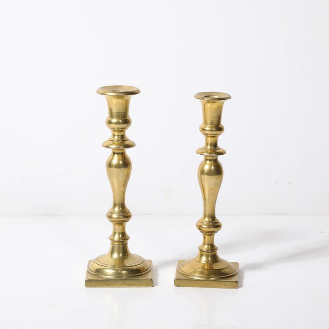 Neoclassical Near Pair Neoclassical Balustrade Form Brass Candleholders With Square Bases For Sale - Image 3 of 11