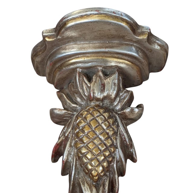 Vintage Silver and Gold Leafed Plaster Pineapple Decorative Wall Brackets- A Pair For Sale - Image 9 of 16