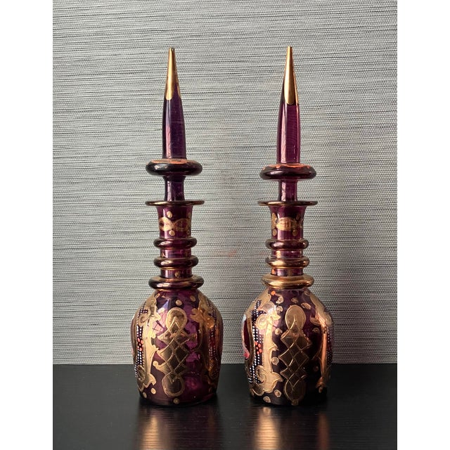 Persian Antique Bohemian Gold Guilt Ruby Glass Decanters, for Middle Eastern Market - a Pair For Sale - Image 3 of 12