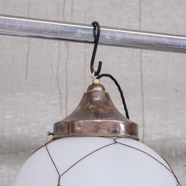 Mid-Century Caged Pendant in Opaline and Brass For Sale - Image 5 of 9