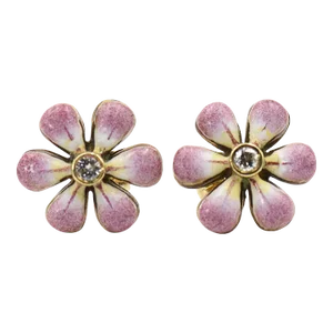 Pink Enamel Daisy Flower Diamond Gold Earrings by Sandra J. Sensations - 2 Pieces