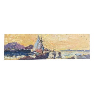 Italian Artist, Seascape with Sailboat and Figures, 1978, Oil Painting For Sale