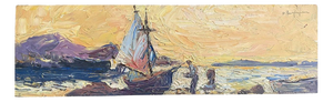 Italian Artist, Seascape with Sailboat and Figures, 1978, Oil Painting