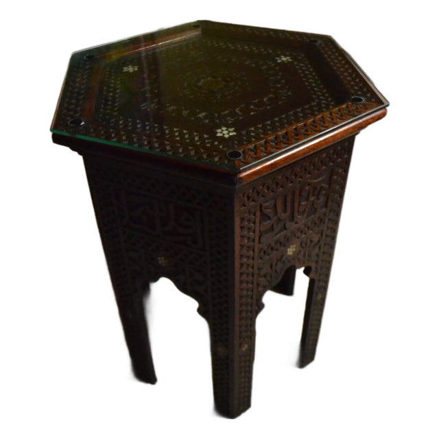 Vintage Authentic Hand Carved Moroccan Side Table Glass Mother of Pearl Inlay For Sale