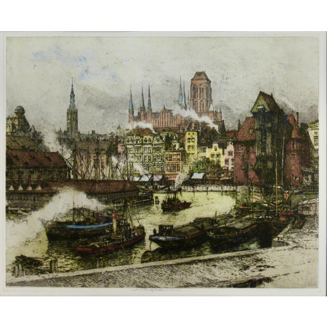 This artwork titled "Danzig" c.1920, is a color etching on paper by Austrian artist Luigi Kasimir, 1881-1962. It is hand...