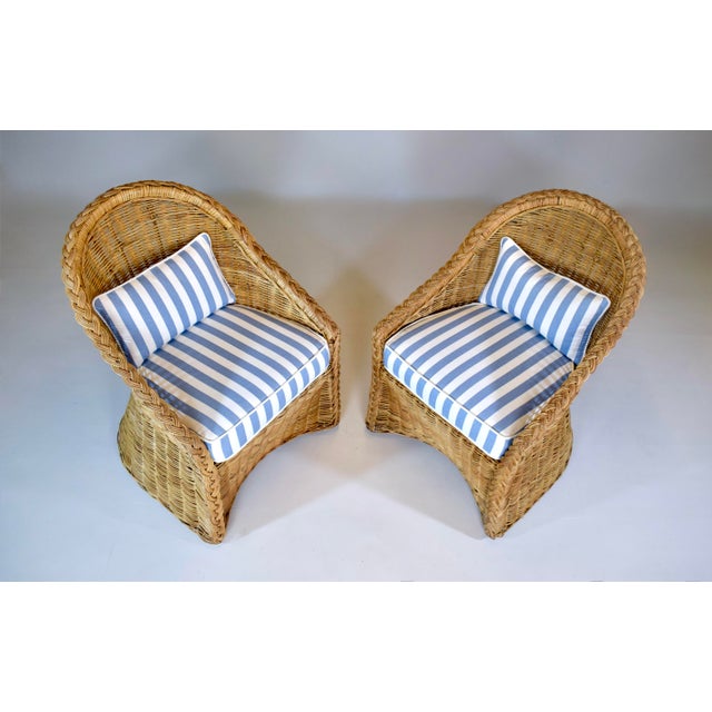 Coastal Braided Wicker Rattan Chairs After Michael Taylor Blue & White Stripes Upholstery For Sale - Image 11 of 13