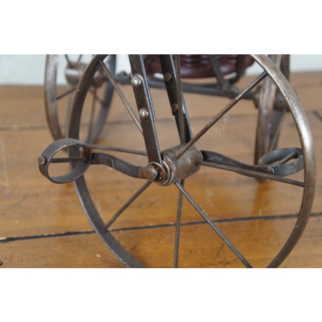 Vintage Metal & Wood Tricycle Bicycle Plant Stand Planter With Wicker Basket For Sale - Image 10 of 12