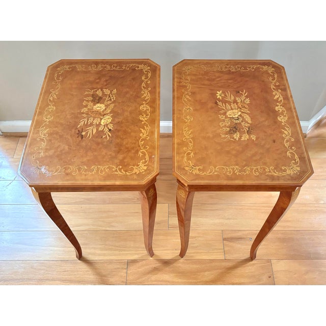 Hollywood Regency Italian Burlwood Marquetry Side Table Pair For Sale - Image 3 of 12