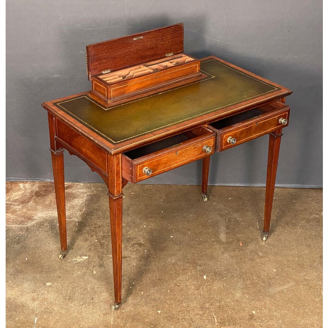 English English Writing Desk or Table of Mahogany With Leather Top - Edwardian Era For Sale - Image 3 of 14