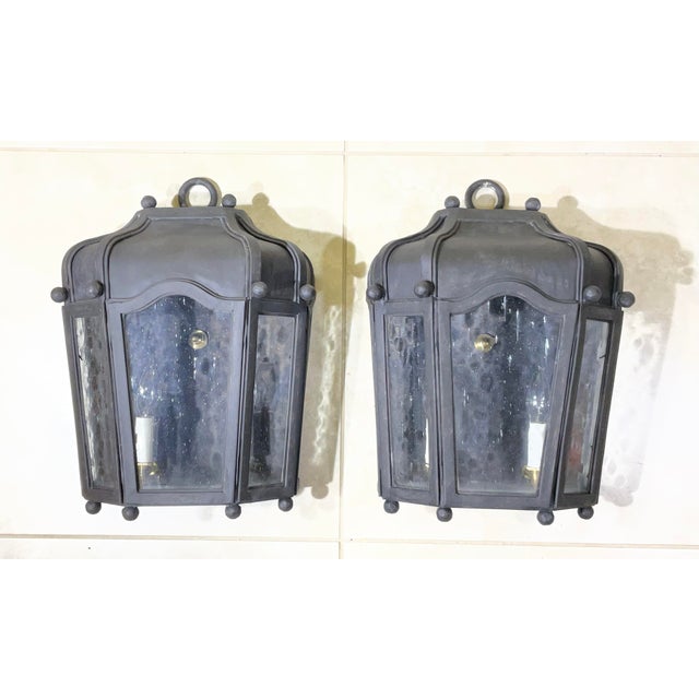 Exceptional Pair of Hand-Forged Iron Wall Lanterns Architectural Sconces For Sale - Image 16 of 17