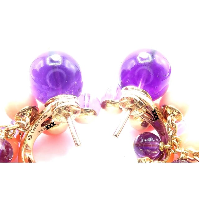 1980s Pair of Cartier Rose Gold Coral Amethyst Diamond Delices De Goa Earrings For Sale - Image 12 of 17