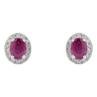 18k White Gold Natural Oval-Cut Vivid Red Ruby & Diamond Halo Stud Earrings- A Pair For Sale