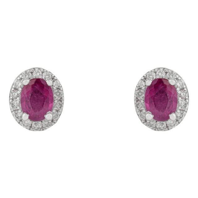 18k White Gold Natural Oval-Cut Vivid Red Ruby & Diamond Halo Stud Earrings- A Pair For Sale