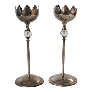Pair of Vintage Silver-Plated Lotus Flower Candlestick Holders For Sale